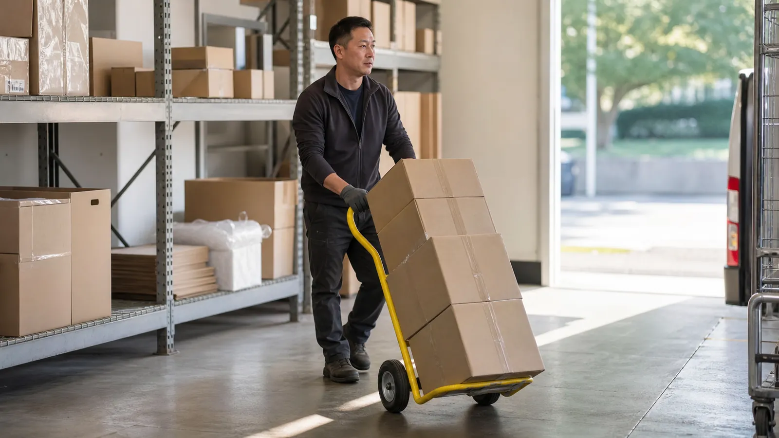 Seller wheeling a yellow hand truck of sealed cartons through a small fulfillment room