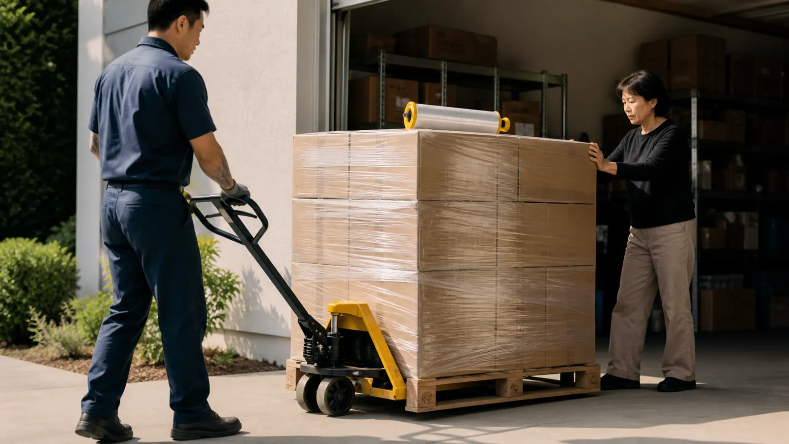 Seller and freight driver moving a wrapped pallet of cartons, yellow-handled wrap roller on top