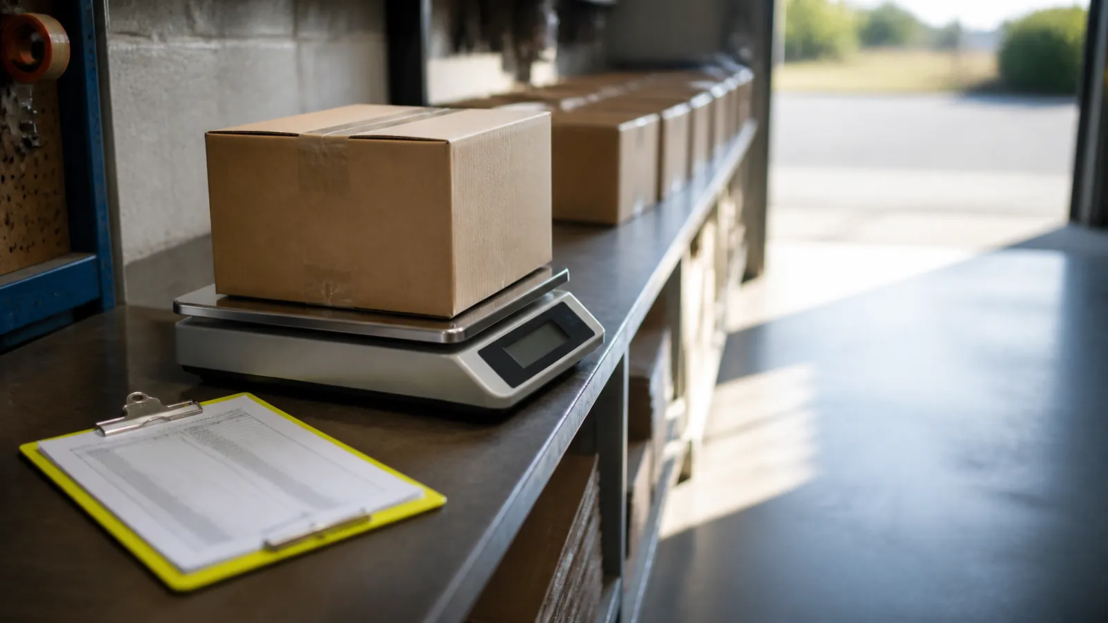 Sealed carton on a postal scale beside a yellow clipboard of sales pages in a garage corner