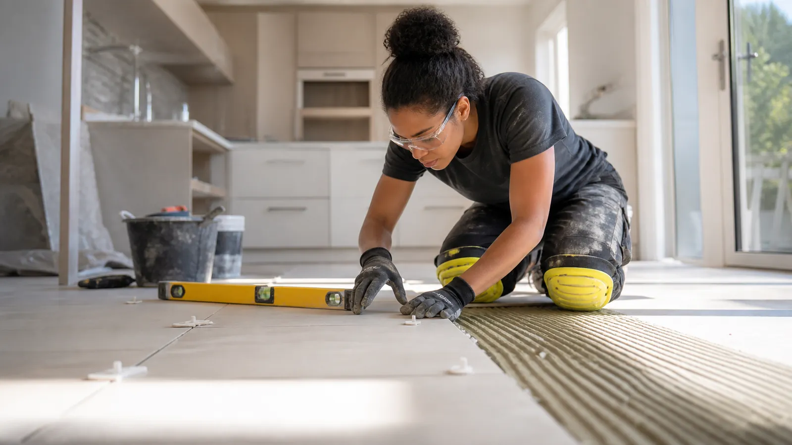 Tile setter in yellow knee pads pressing a large tile into thinset in a sunlit kitchen