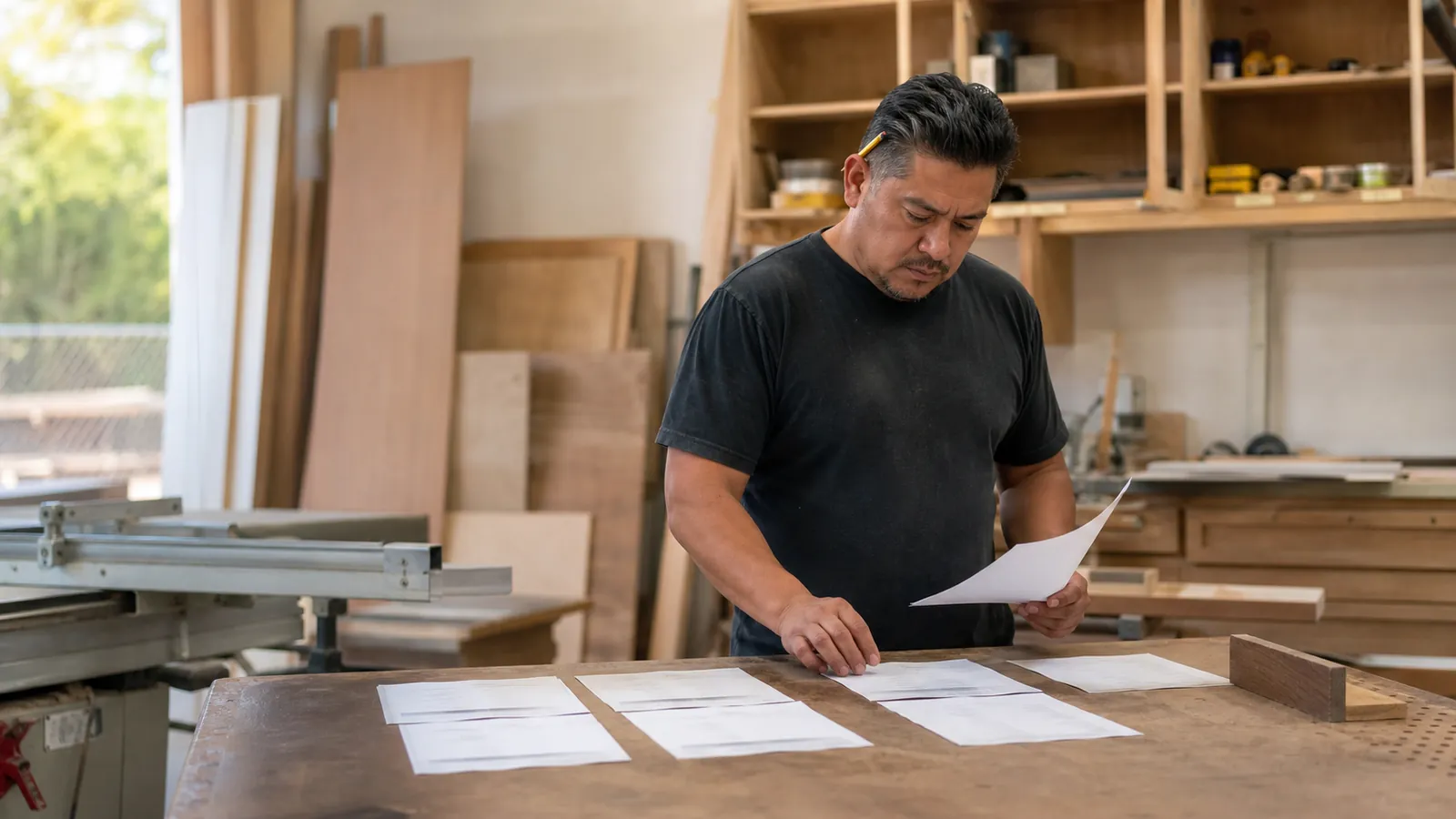 Woodshop owner sorting quote pages at a standing desk, yellow pencil behind his ear