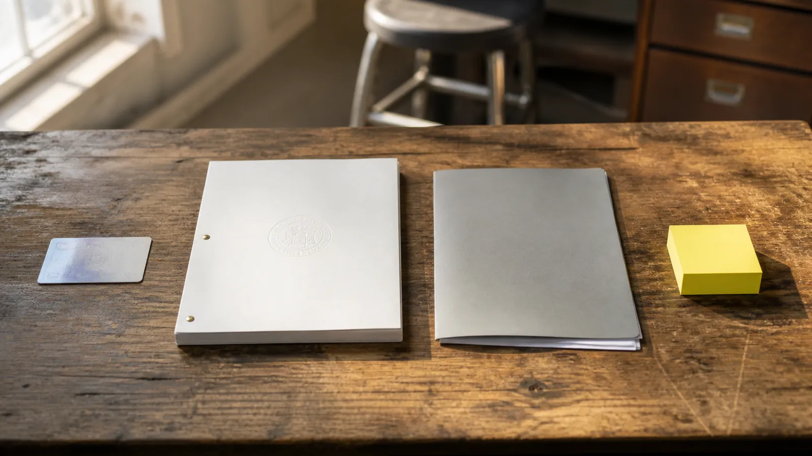 License card, embossed bond document, and policy folder in a row beside a yellow note cube