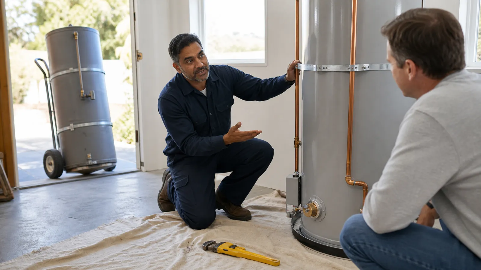 Plumber showing a homeowner a new strapped water heater, yellow pipe wrench on the drop cloth