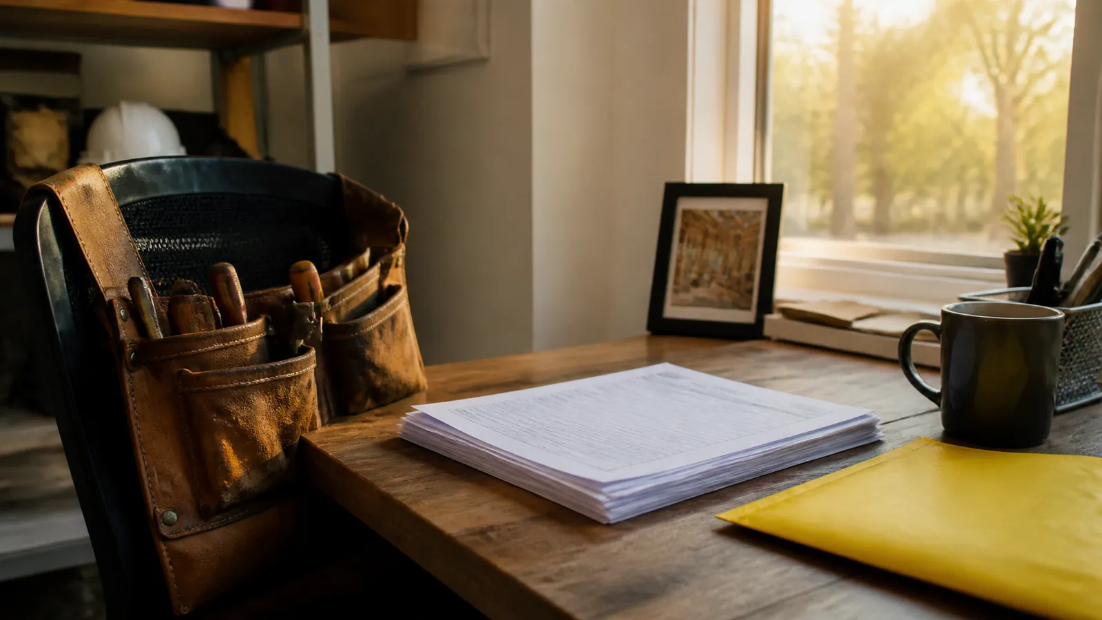 Application forms beside a worn tool belt and a yellow mailing envelope in golden light