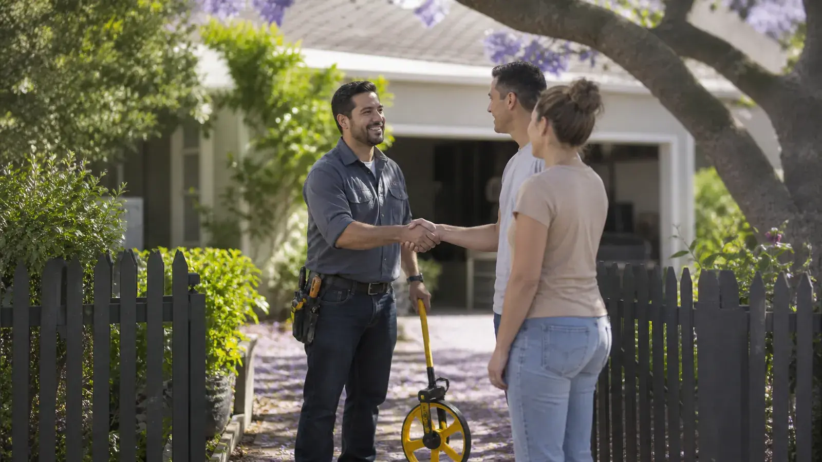 Licensed contractor greeting a couple at their bungalow gate with a yellow measuring wheel
