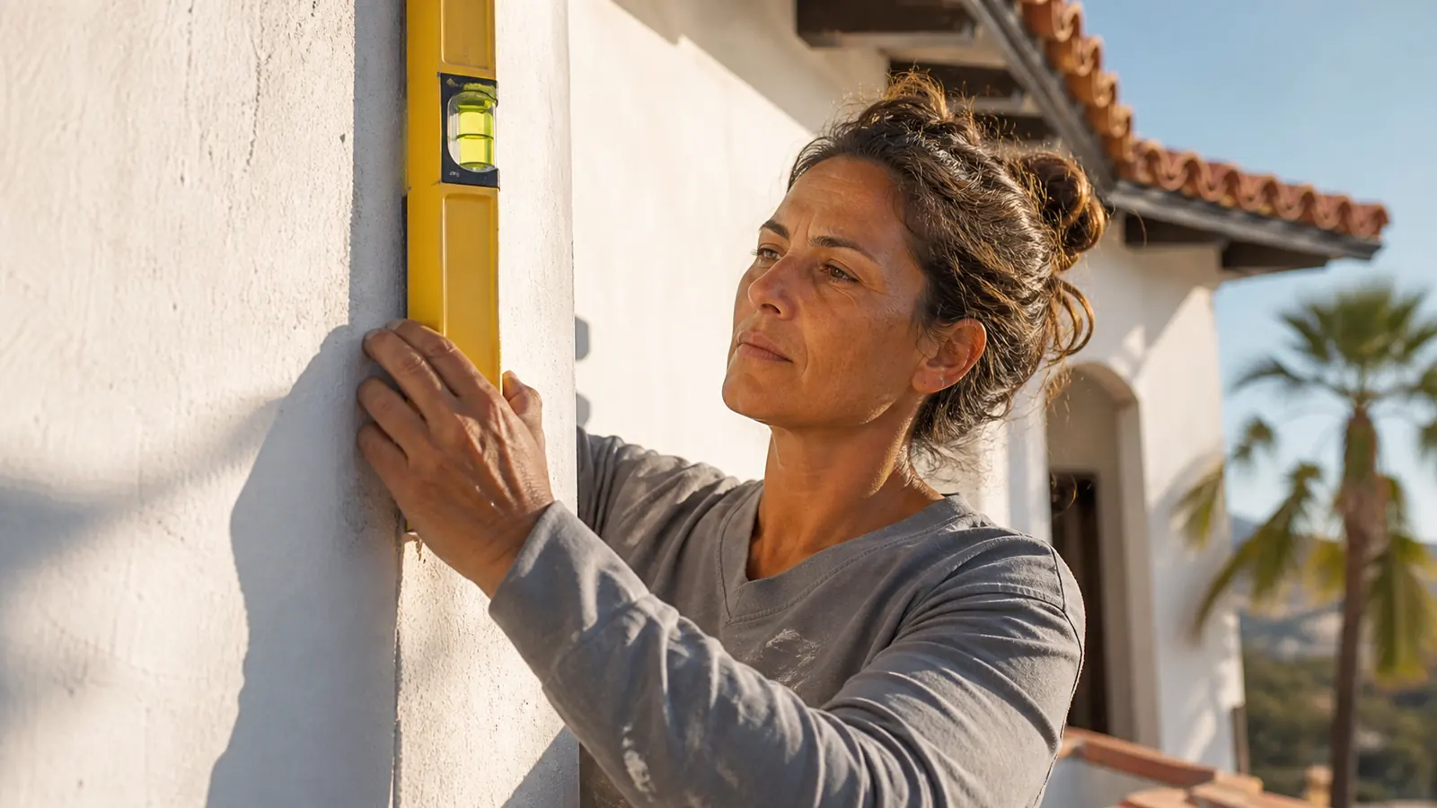 Contractor checking a yellow level against a stucco wall in golden California light