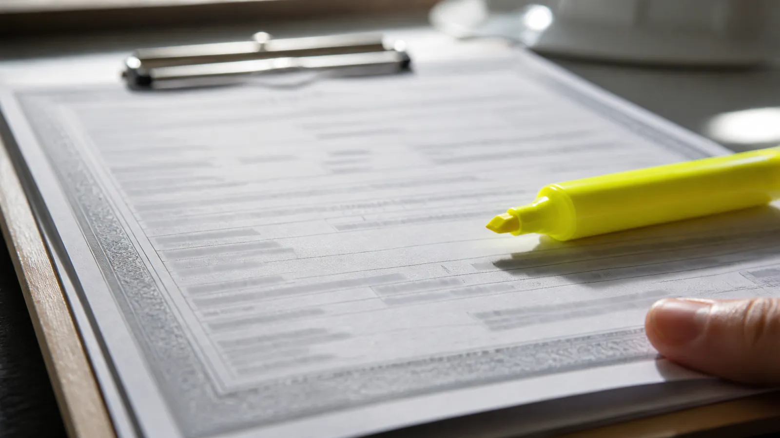 Close-up of a blurred certificate on a clipboard with an uncapped yellow highlighter across it