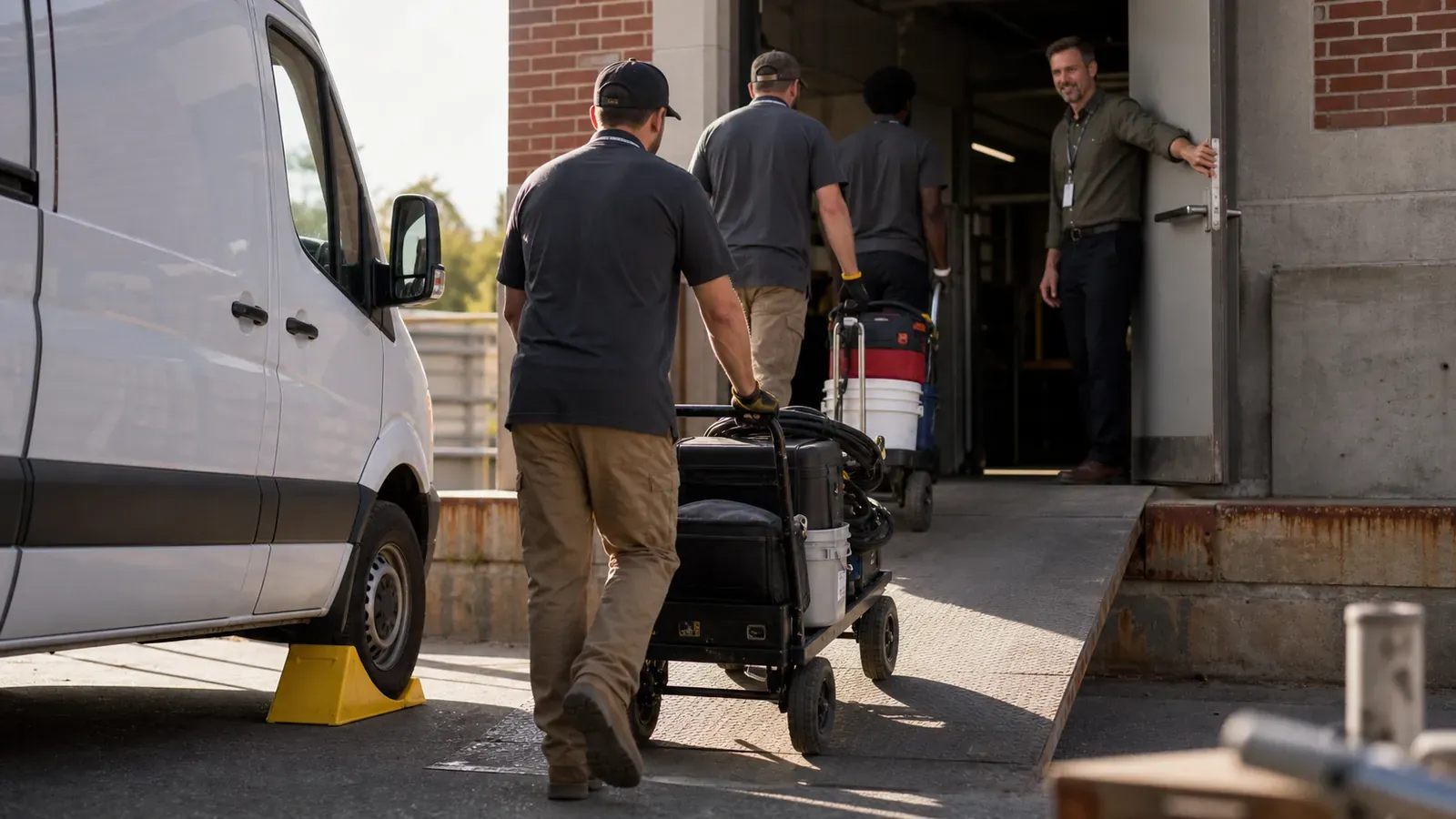 Crew rolling tool carts up a loading dock ramp held open for them, yellow chock at the van tire