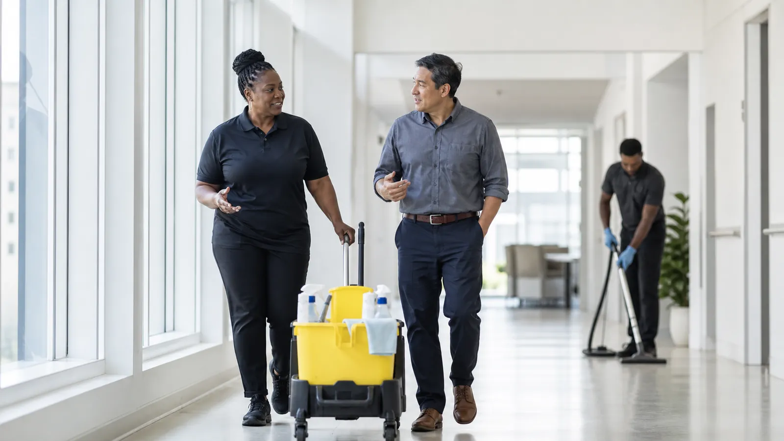 Cleaning company owner walking a corridor with a facility manager, yellow supply caddy on the cart