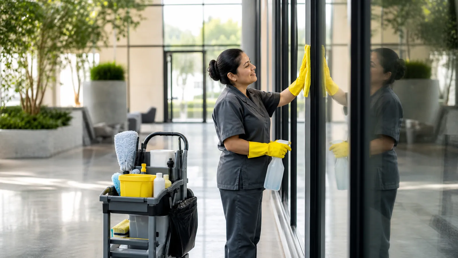 Cleaner in yellow gloves polishing a glass wall to a shine in a bright office lobby