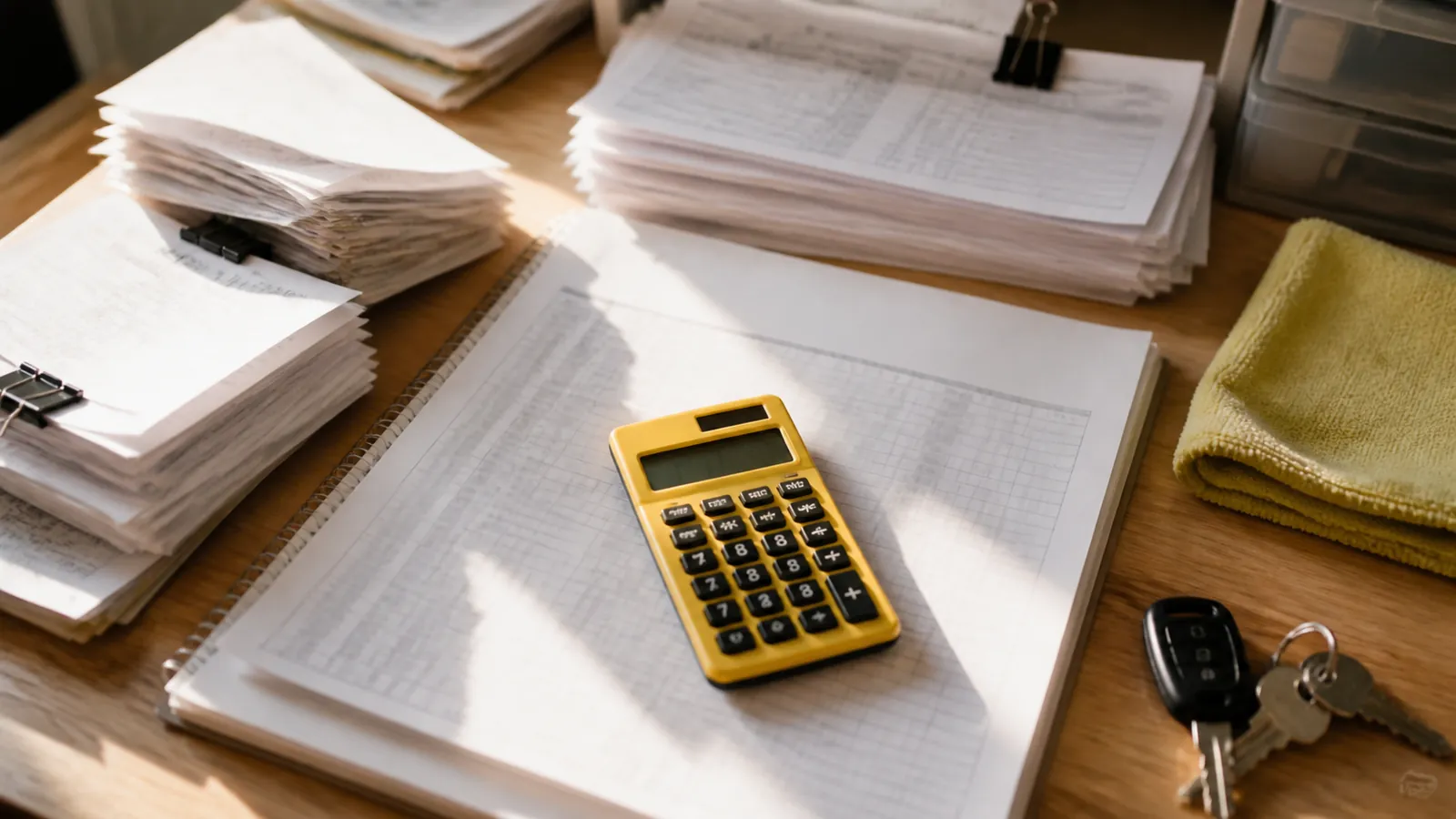 Overhead view of an audit-prep desk with receipt stacks, a ledger, and a yellow calculator