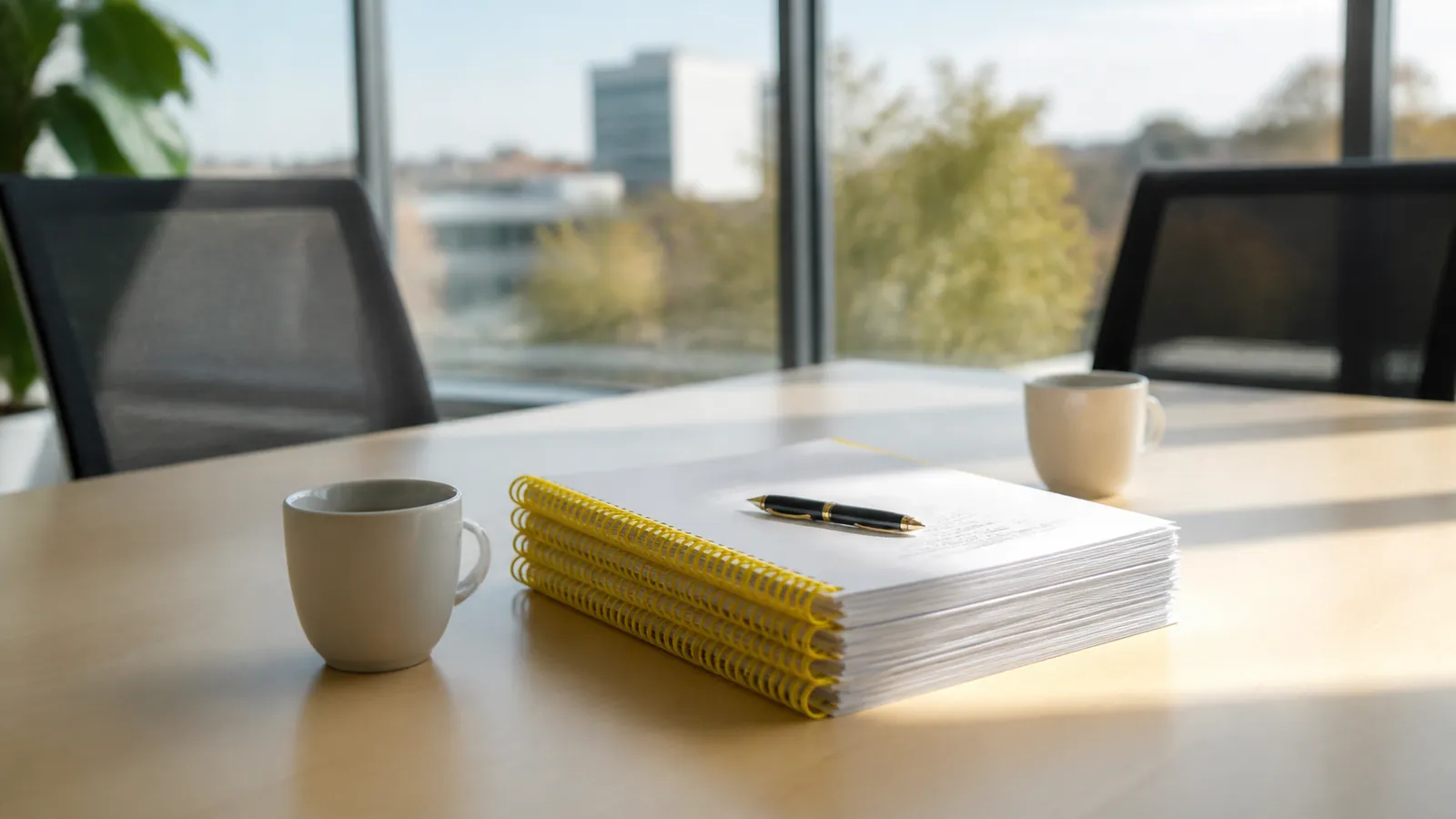 Vacated meeting room with final report copies bound in yellow spirals and a resting fountain pen