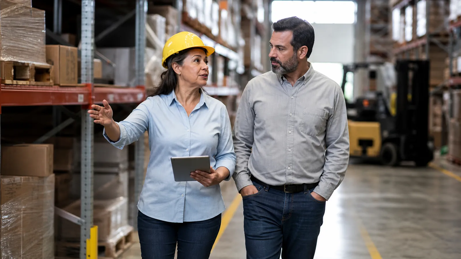 Consultant in a yellow hard hat walking a warehouse aisle with the business owner
