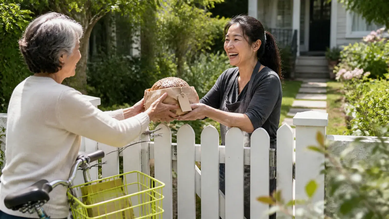Home baker passing a wrapped loaf over a garden gate to a neighbor with a yellow bicycle basket