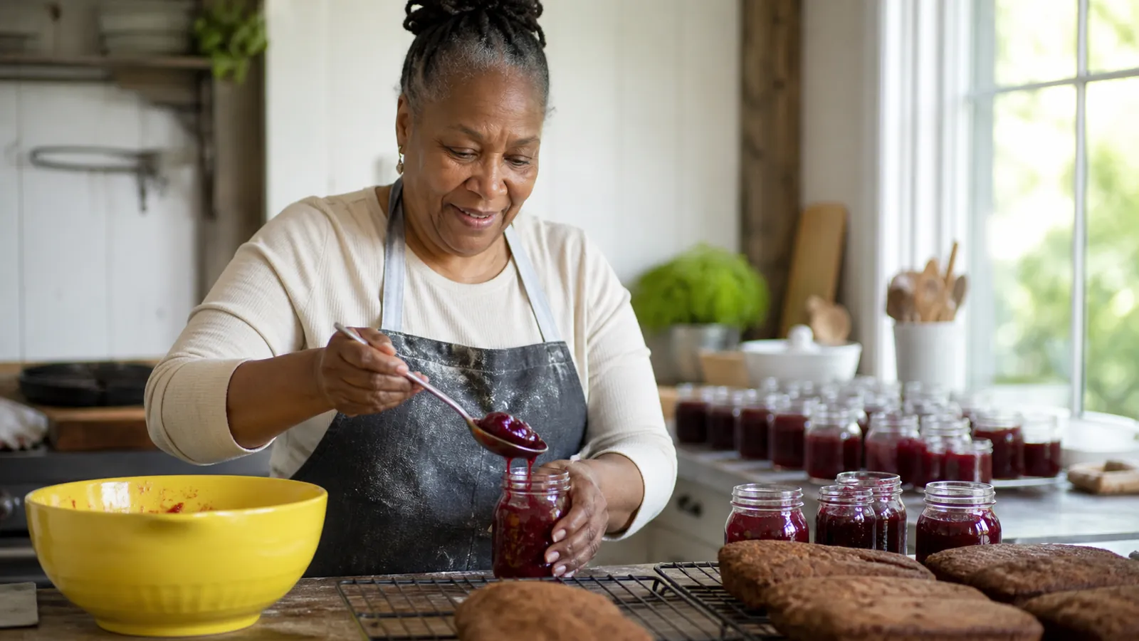 Home baker filling jam jars in a farmhouse kitchen with a yellow mixing bowl in front