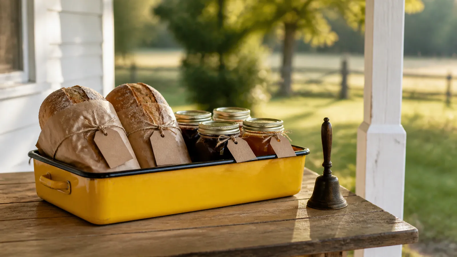 Porch pickup table with wrapped loaves and jars in a yellow enamel crate, blank kraft tags tied on