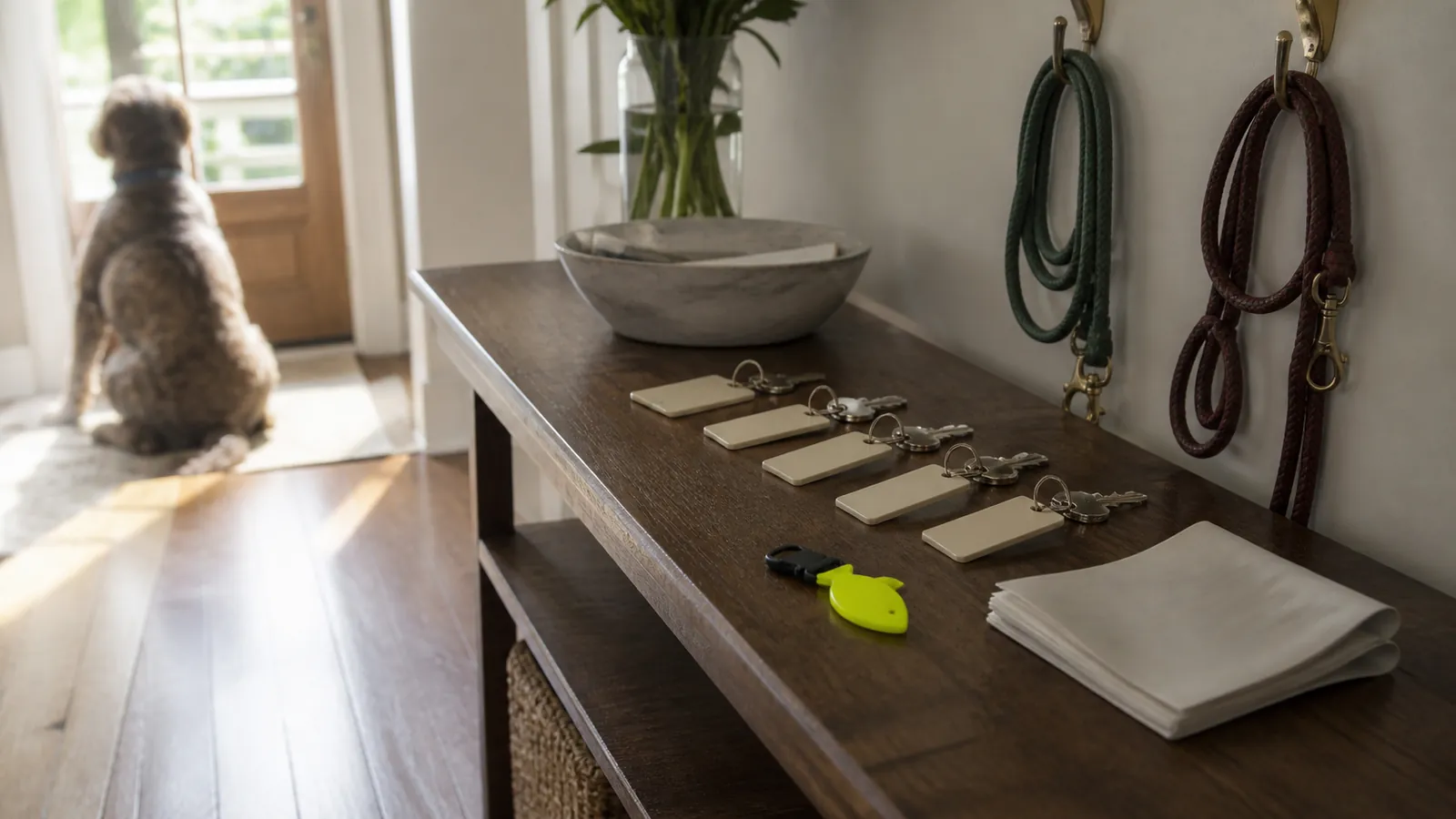 Client entryway table with spare keys, leashes, a service agreement, and a yellow key fob