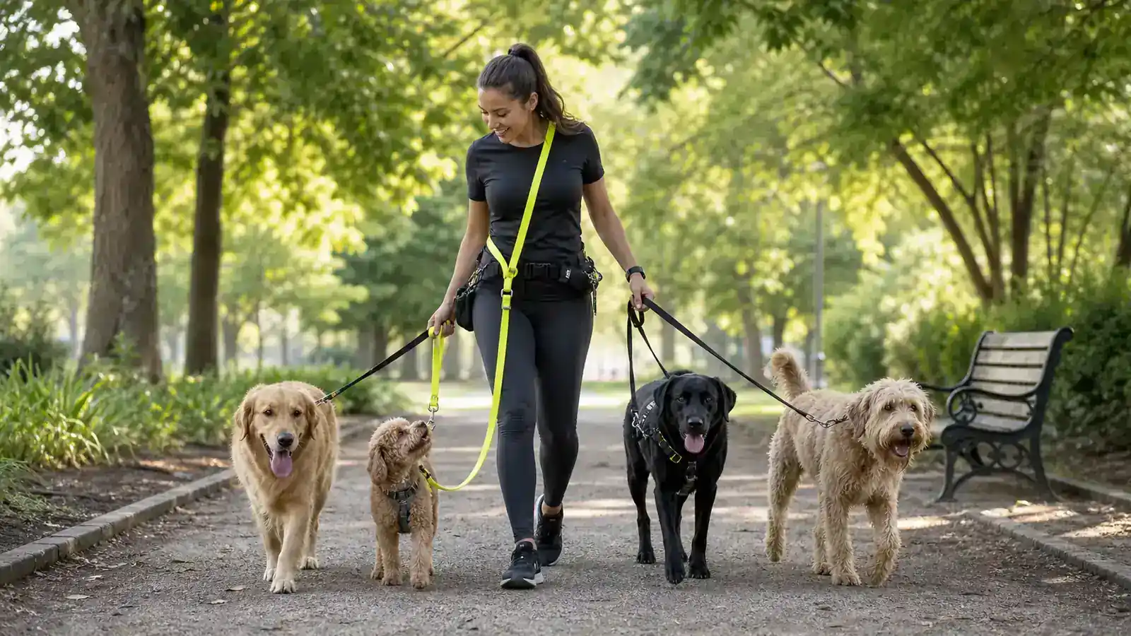Dog walker leading four leashed dogs down a leafy park path in morning light