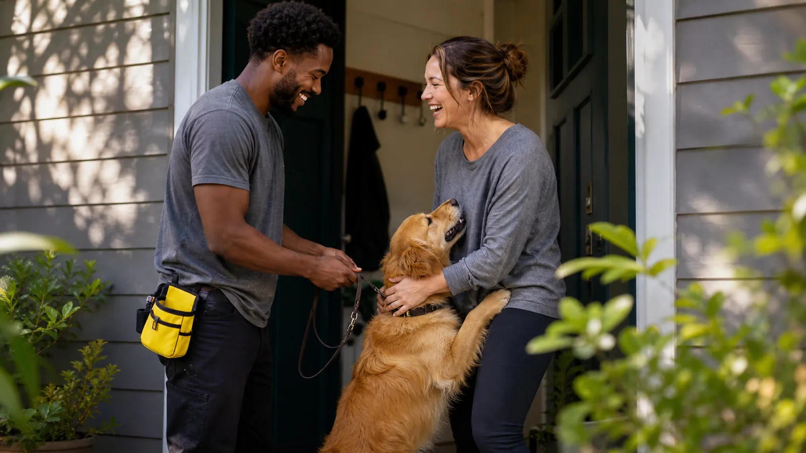 Dog walker with a yellow treat pouch returning a happy retriever to its owner at the front stoop