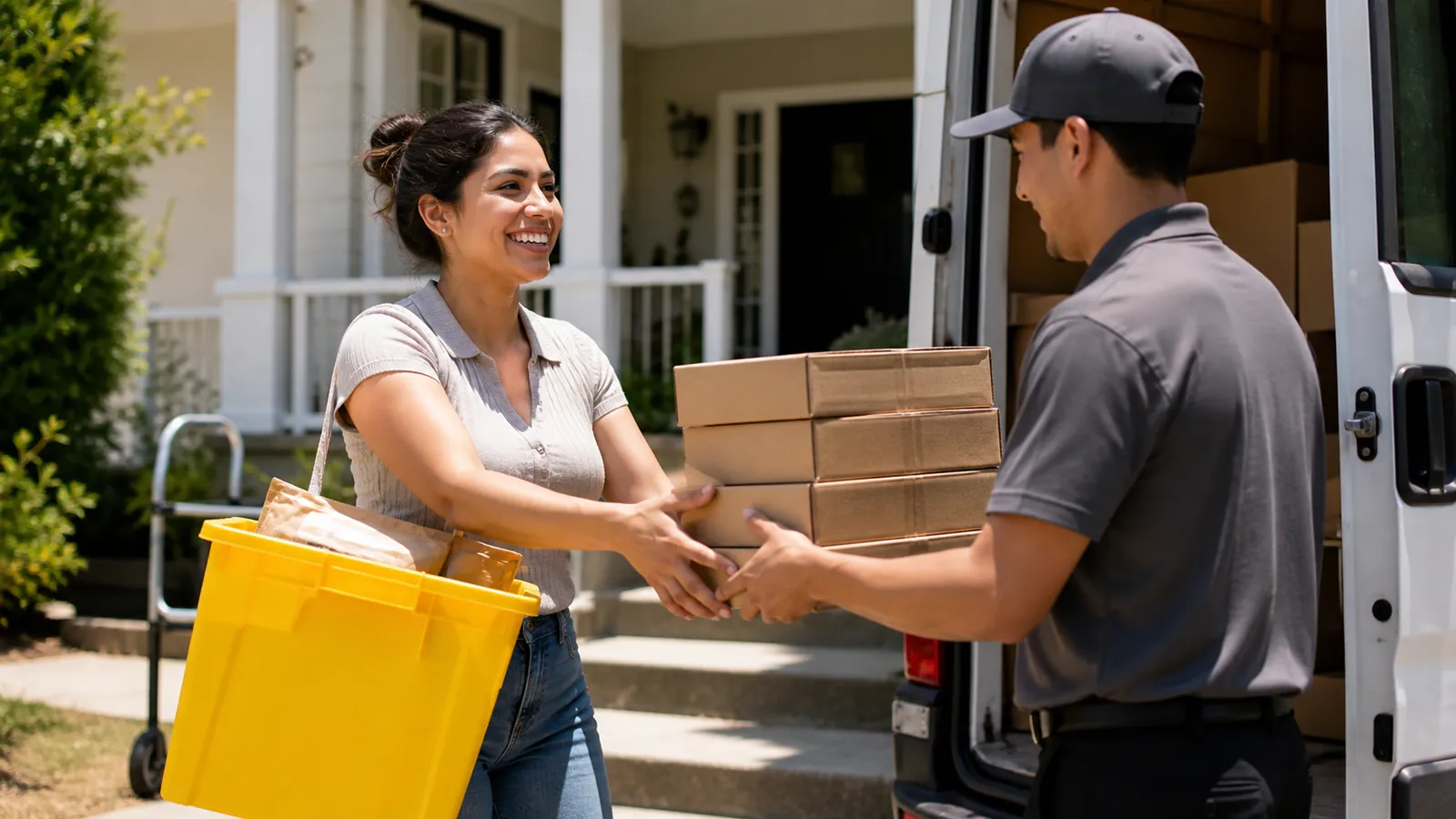 Online seller handing sealed parcels to a courier with a yellow mail bin on her hip
