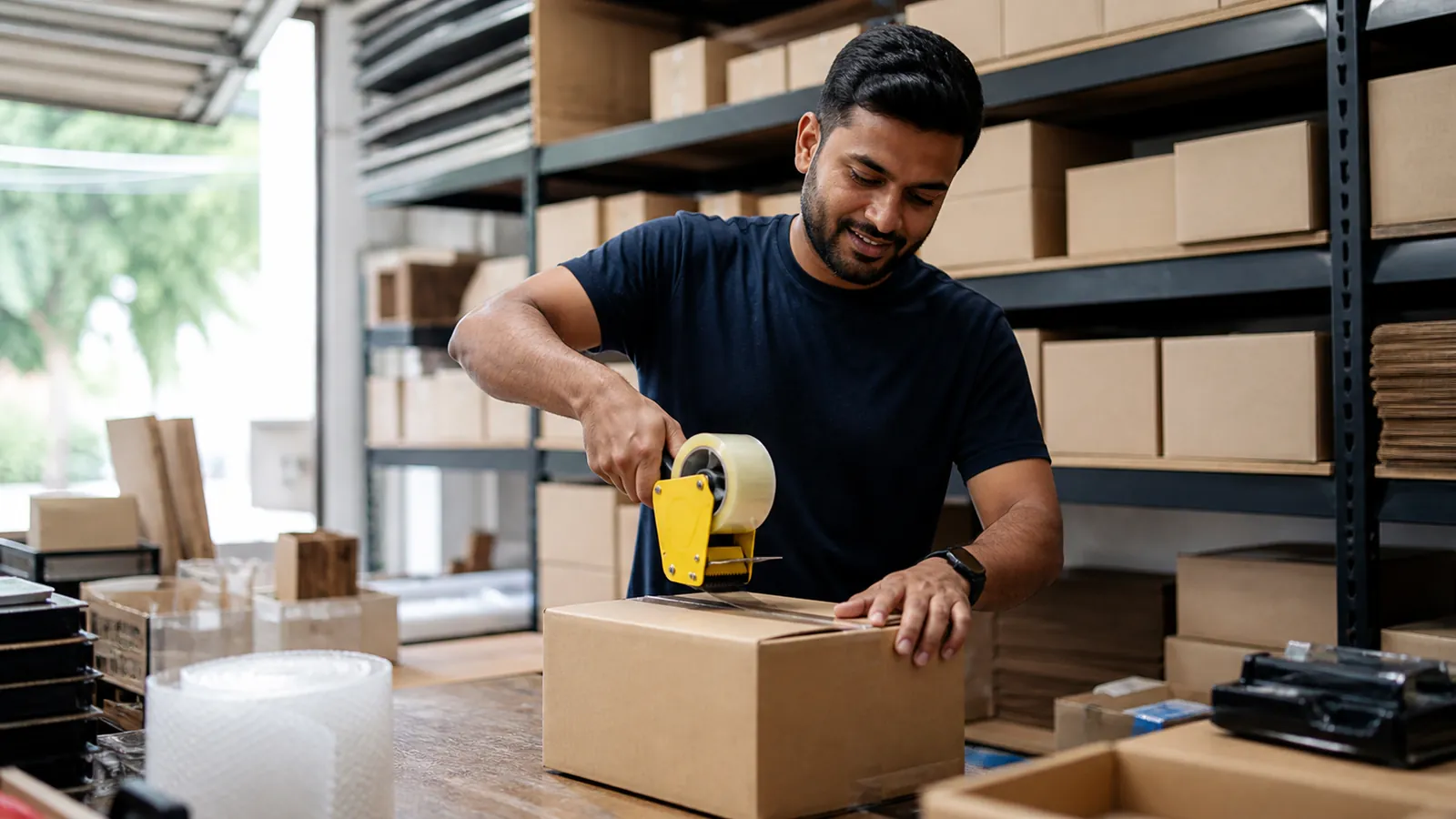 Ecommerce seller sealing a plain shipping box with a yellow tape gun in a garage workspace