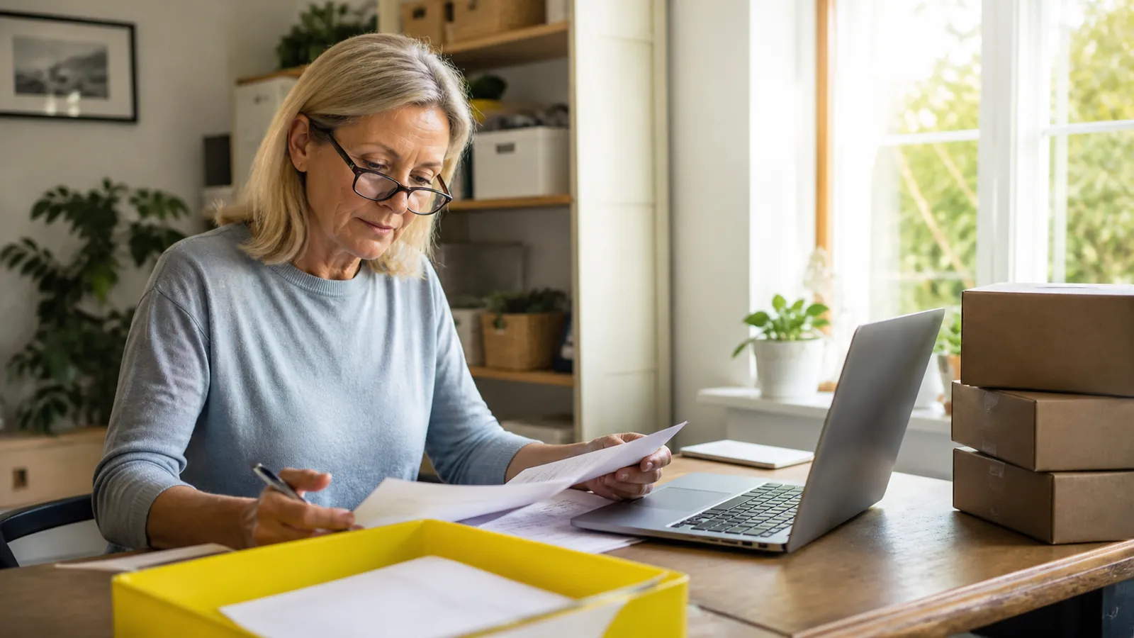 Online seller reading printed policy pages at a desk with a laptop and a yellow document tray