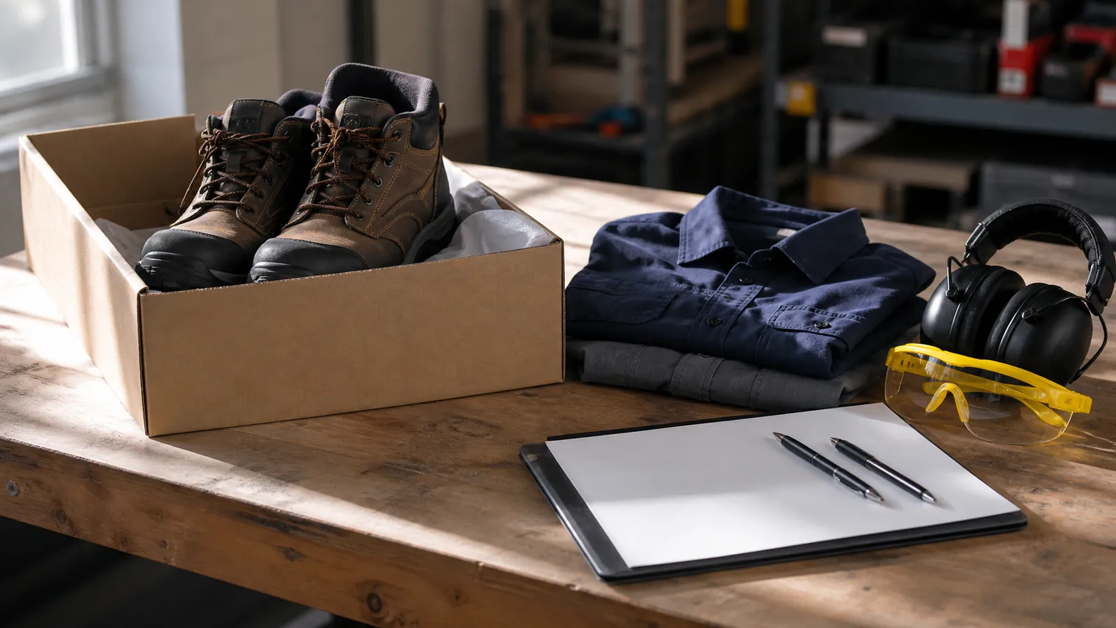 First-day kit on a bench: new boots, folded shirts, yellow safety goggles, and onboarding forms