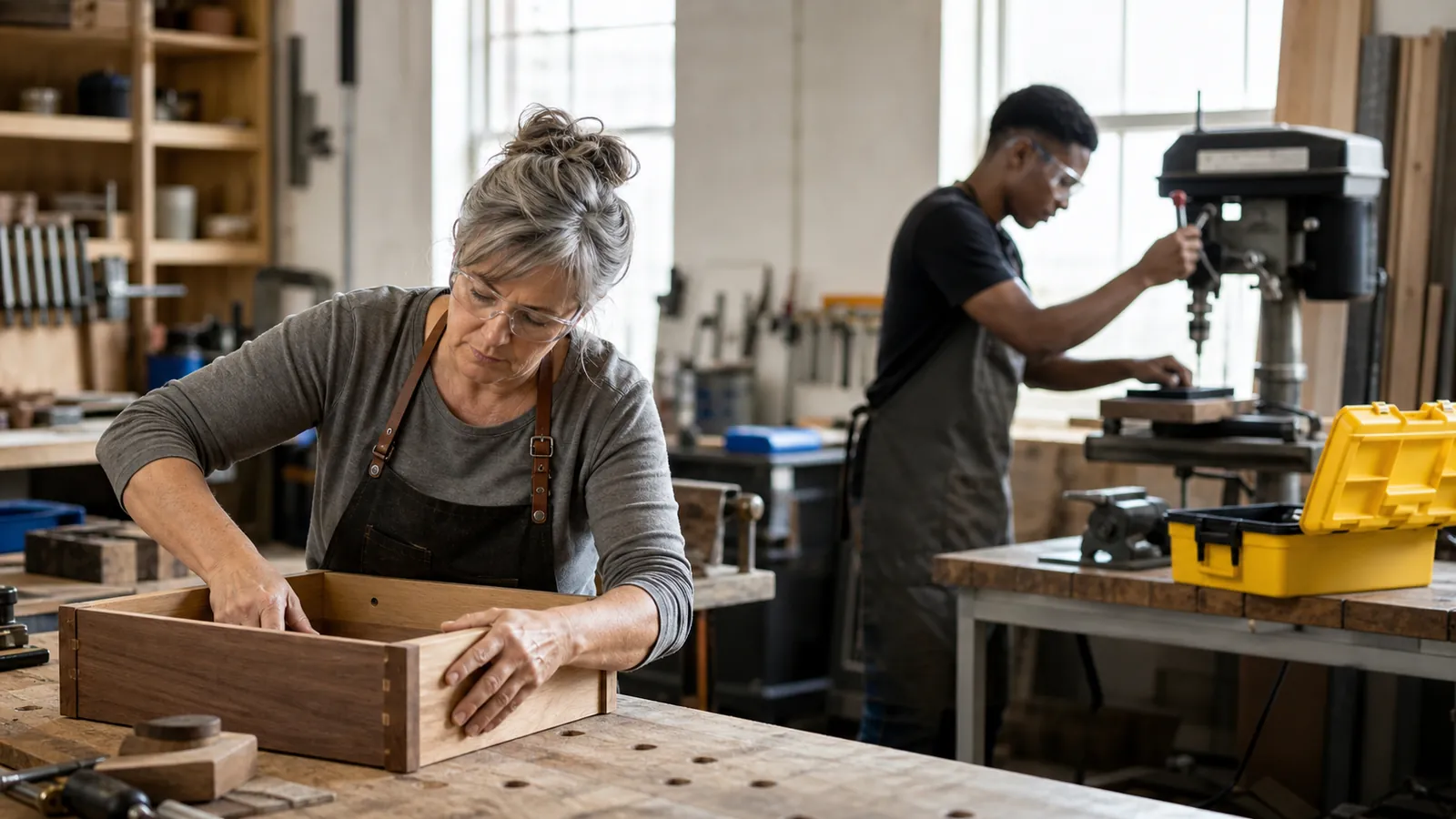 Owner and apprentice working at separate benches in a small workshop, yellow toolbox open