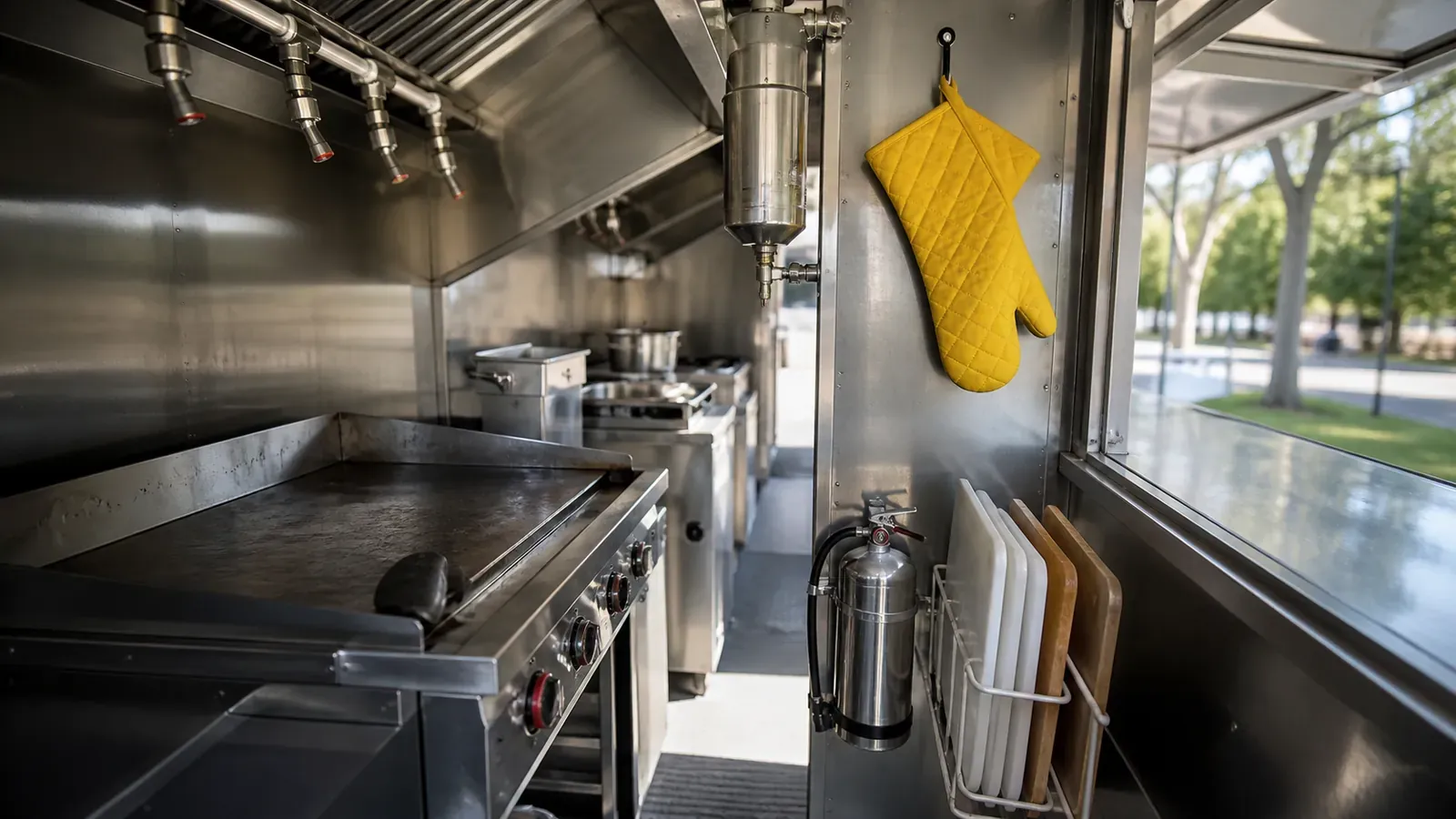 Clean food truck galley with fire-suppression nozzles over the griddle and a yellow oven mitt