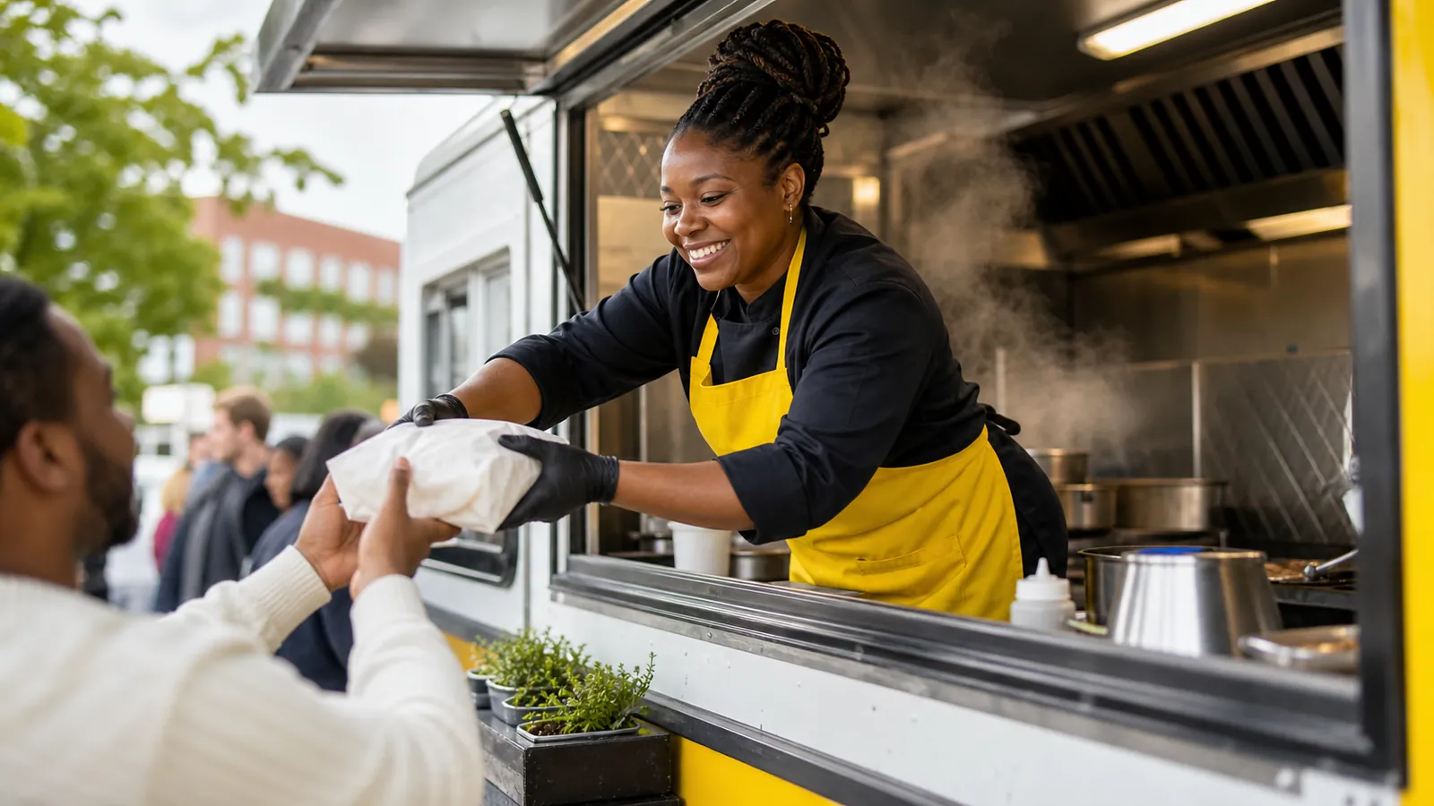 Food truck chef in a yellow apron handing an order from the serving window of an unbranded truck