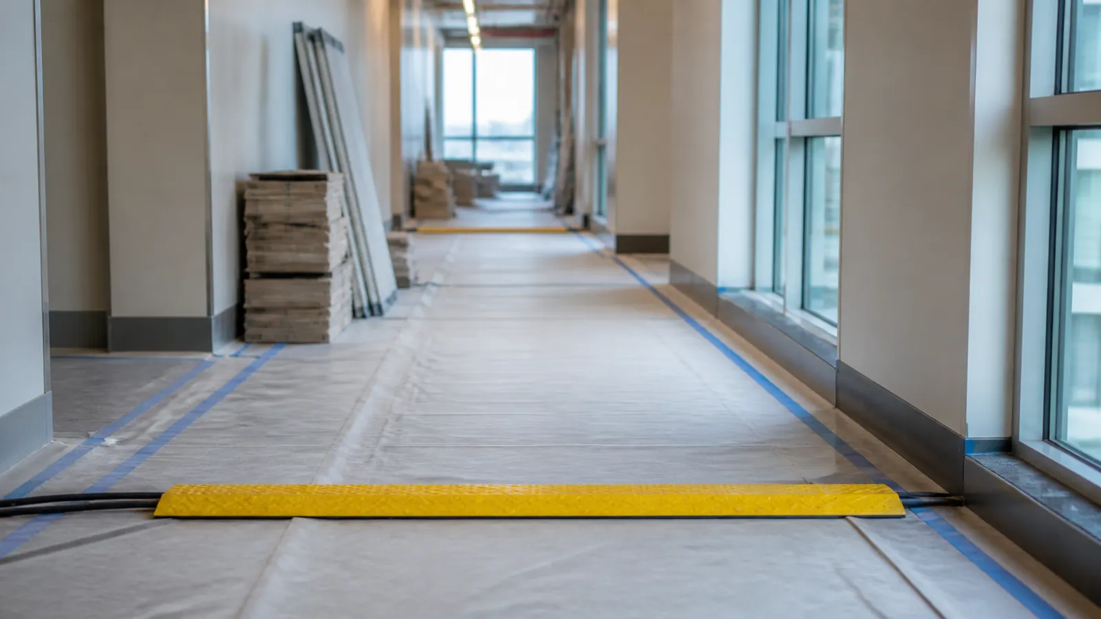 Renovation corridor with cords routed under a yellow cable protector and materials stacked neatly