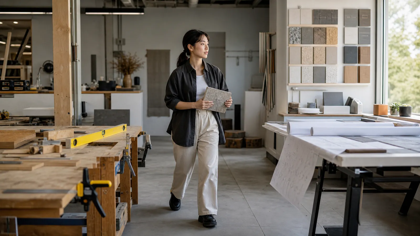 Studio split between a workbench with a yellow level and a drafting desk with rolled drawings