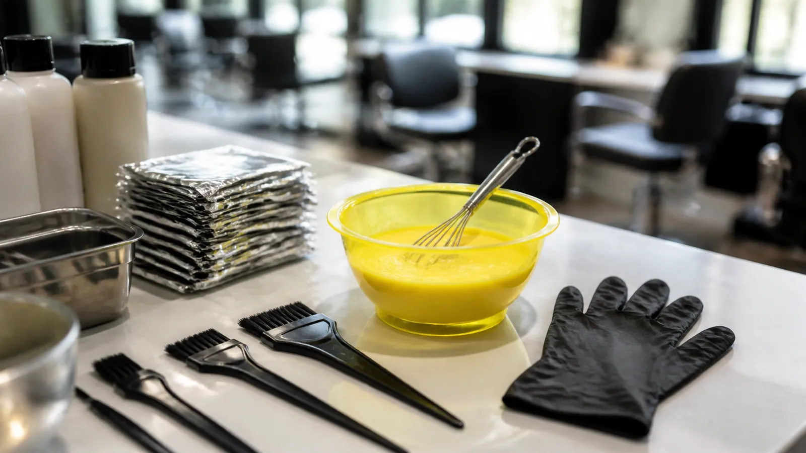Salon color-mixing station with a yellow tint bowl, foils, brushes, and folded gloves