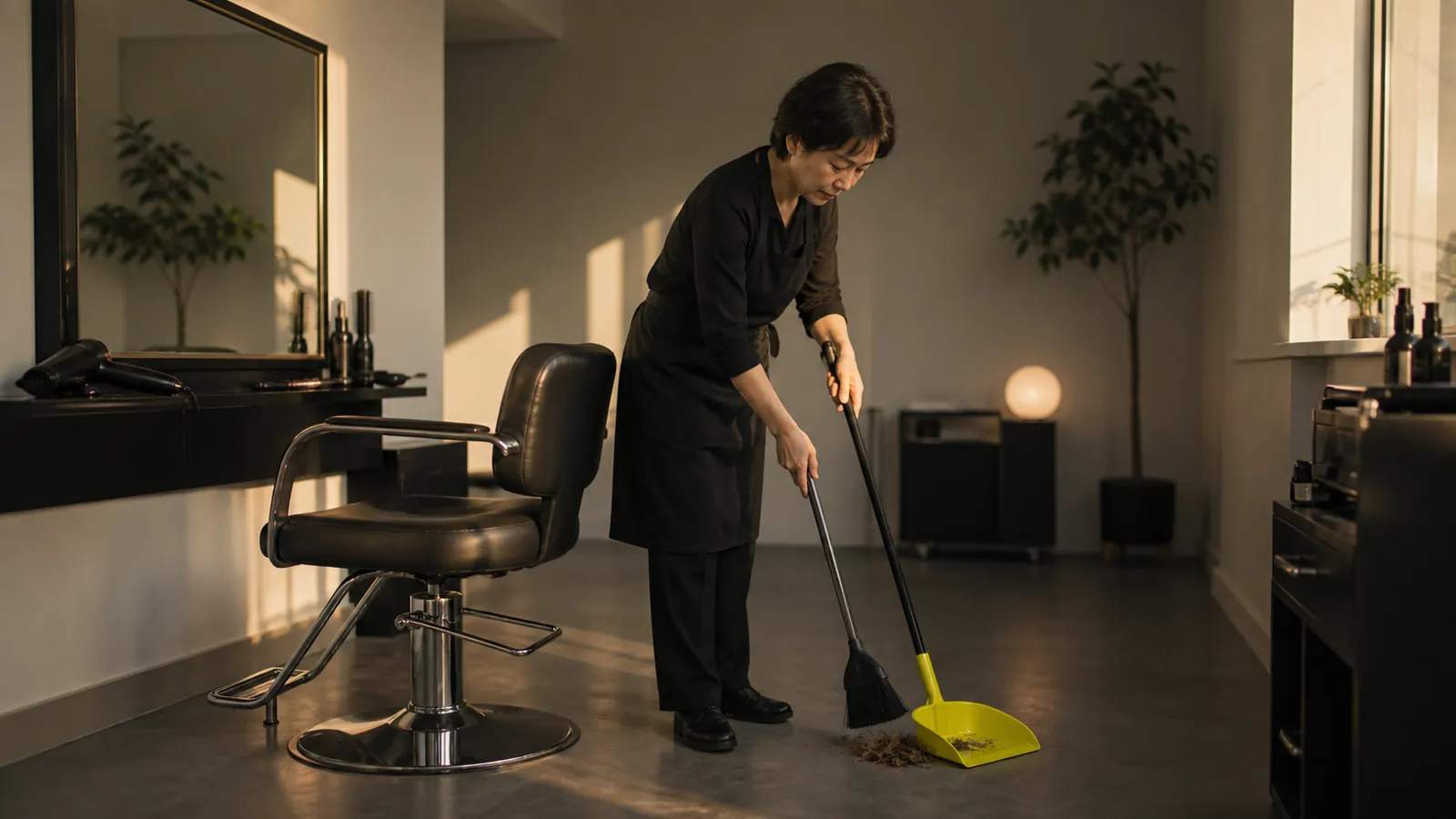 Stylist sweeping her tidy studio suite into a yellow dustpan at the end of the day