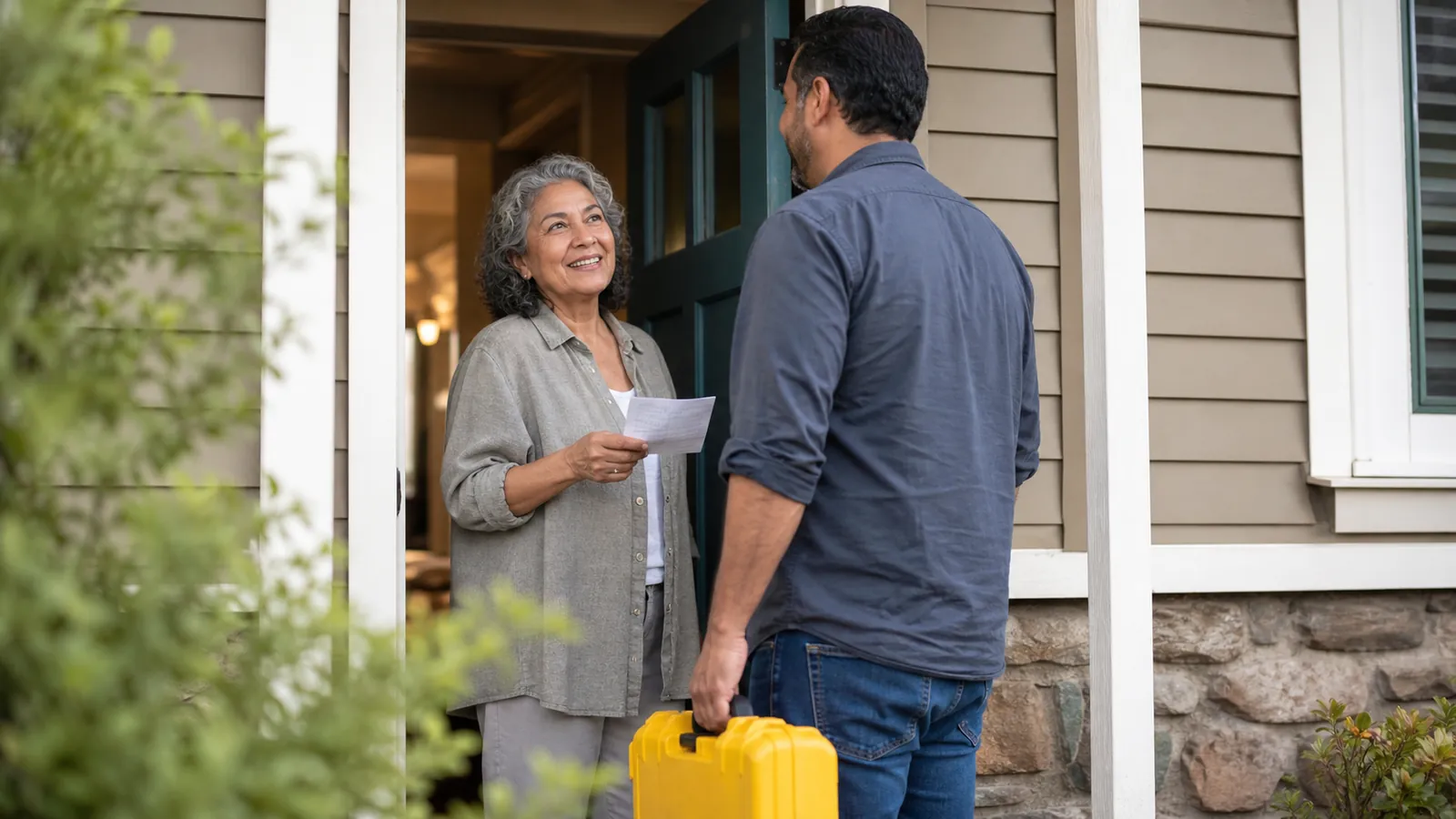 Handyman with a yellow drill case greeted at the front door by a smiling homeowner