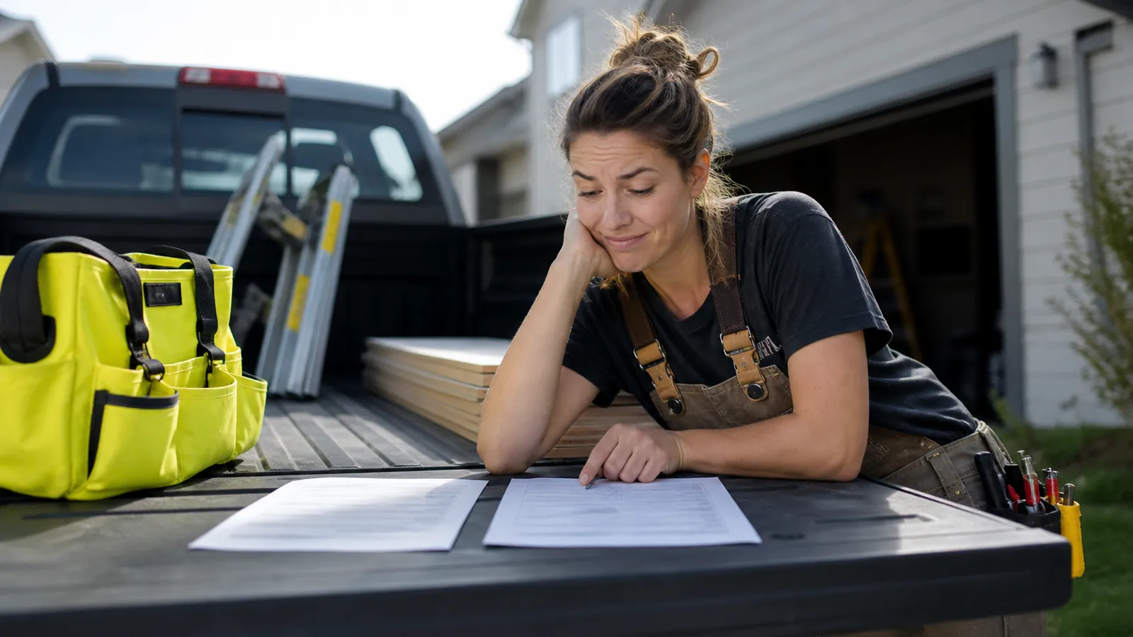 Handyman comparing two quote pages at her truck tailgate beside a yellow tool tote