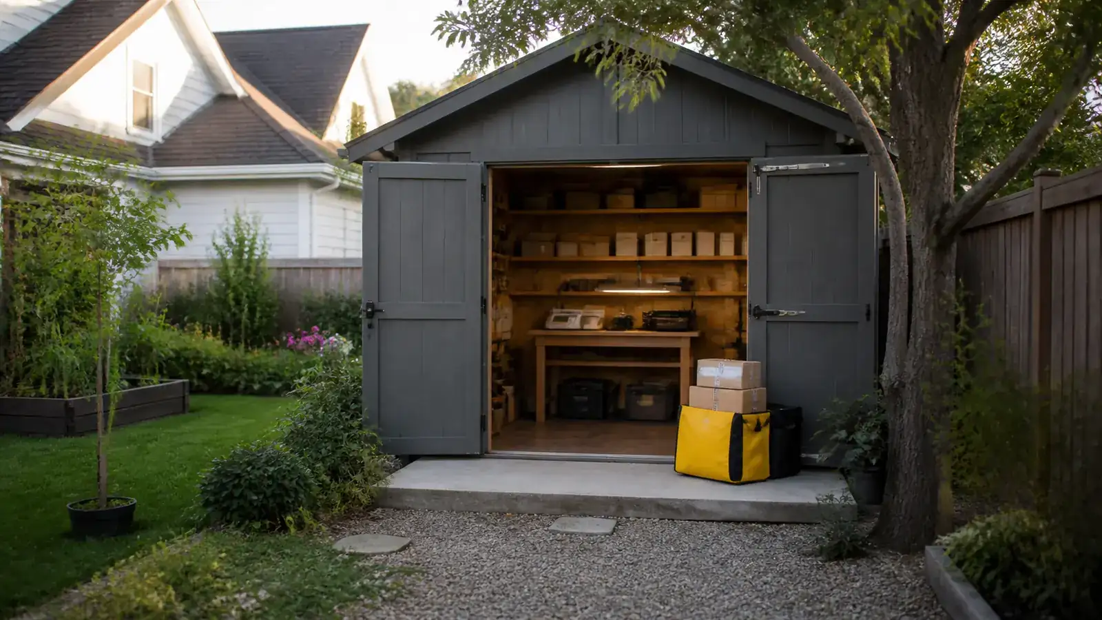 Backyard studio with open doors showing inventory shelves and parcels in a yellow tote on the stoop