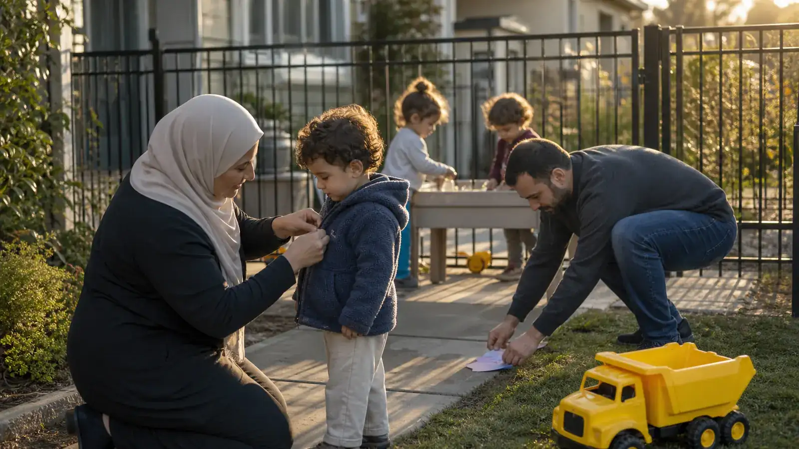 Daycare provider at pickup time in a fenced yard with parents, children, and a yellow toy truck