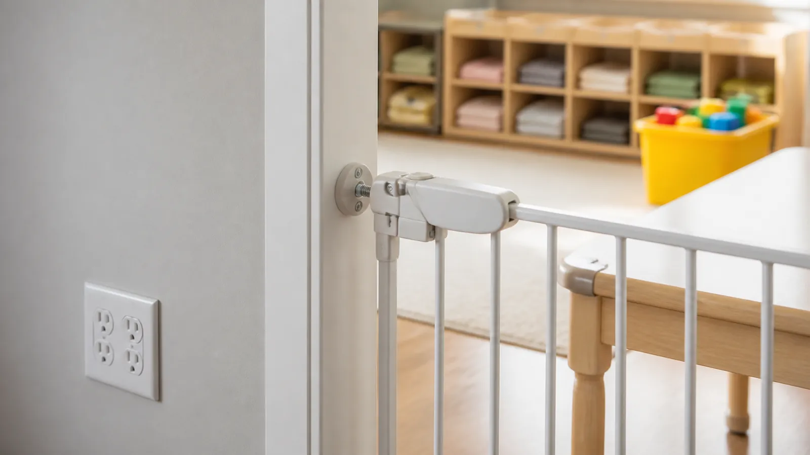 Close-up of a child gate latch and outlet covers with a yellow bin of blocks nearby