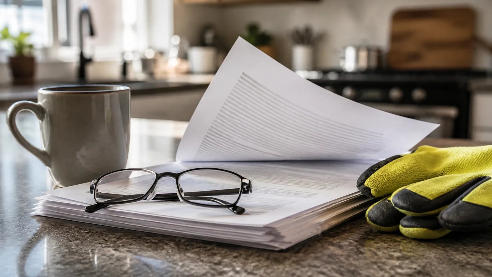 Fanned contract pages with reading glasses and folded yellow work gloves on a kitchen counter
