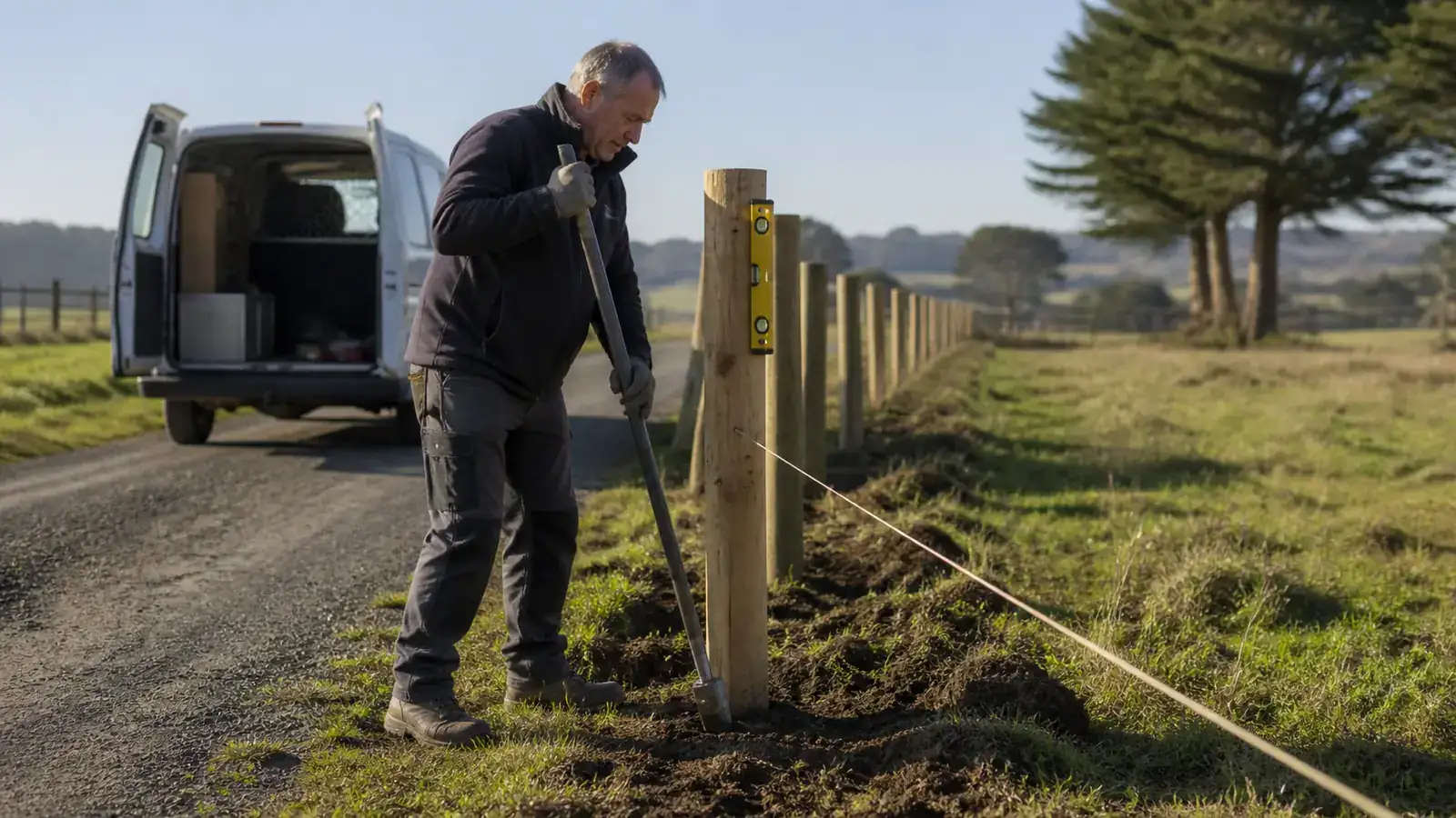 Solo tradesman setting a fence post along a staked rural line, yellow post level clipped on