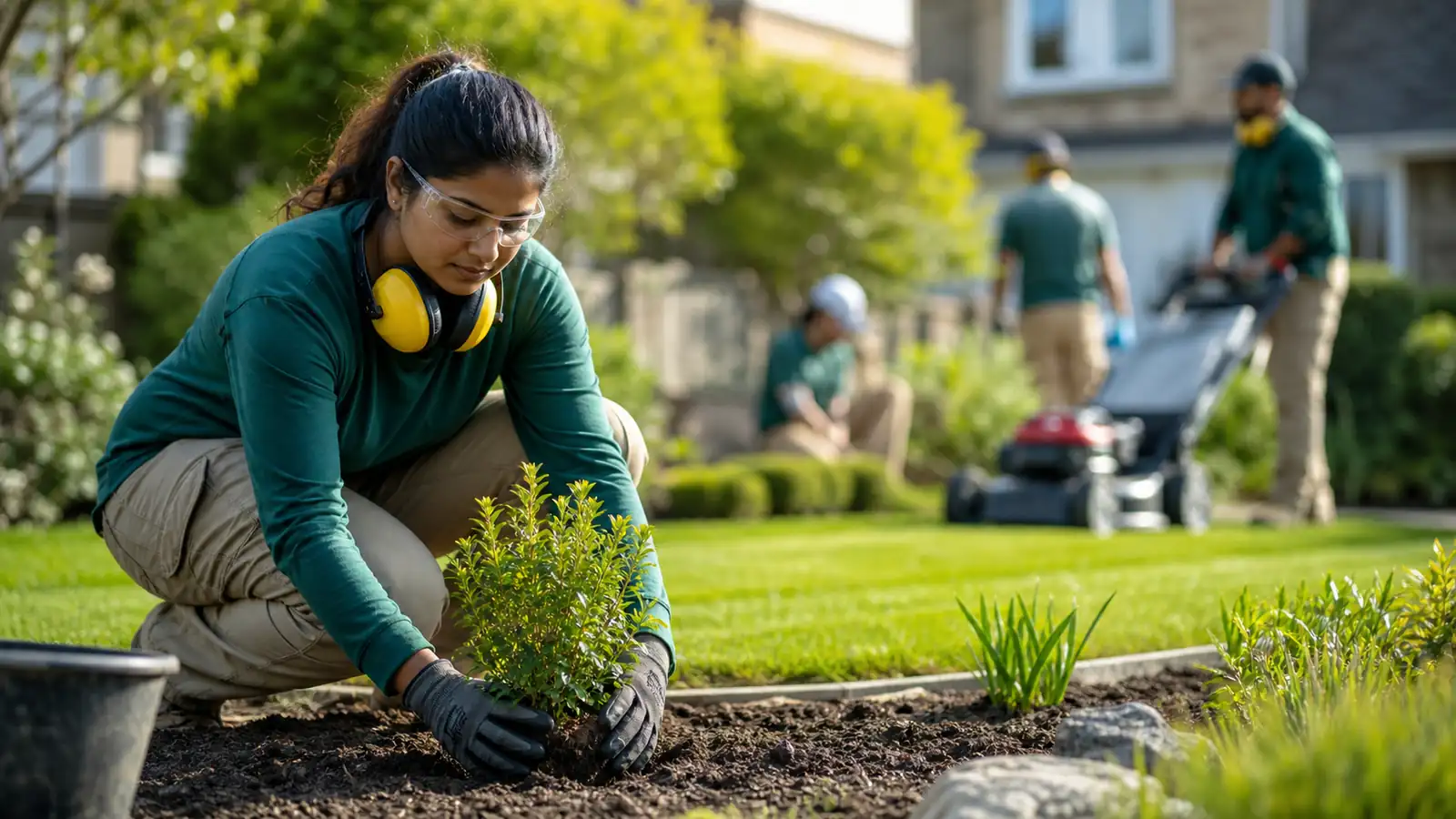 Landscaper planting a shrub on a suburban job site while her crew mows in the background