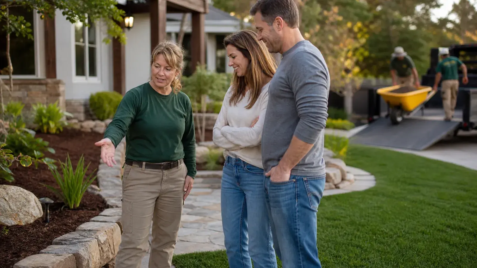 Landscaper showing homeowners a finished garden while her crew loads a yellow wheelbarrow at the curb