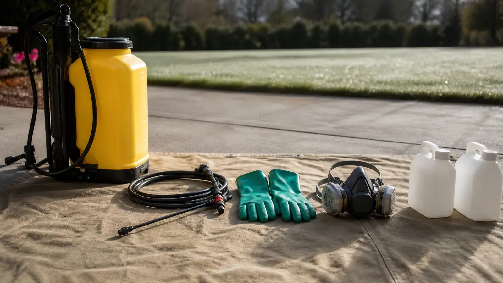 Backpack sprayer with yellow tank, gloves, and respirator laid out on a tarp before application