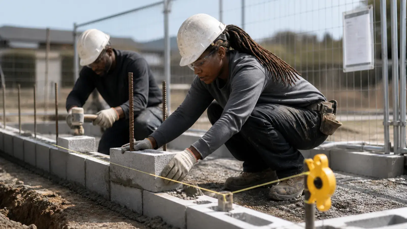 Masons setting a foundation course on a fenced permitted site with a yellow string-line reel