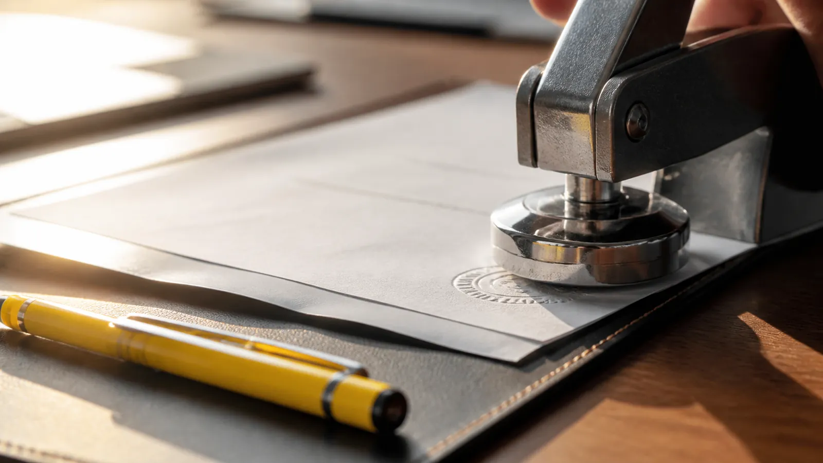 Seal embosser pressing the corner of a document beside a yellow pen on a desk