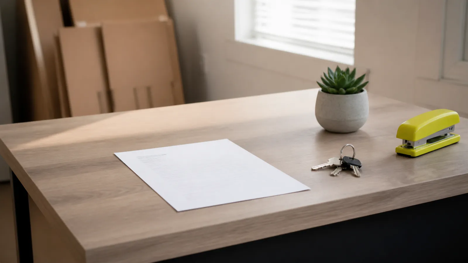 New studio back office desk with an official letter, keys, and a yellow stapler by moving boxes