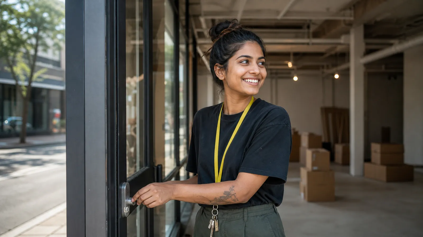 Founder unlocking the glass door of her new studio, keys on a yellow lanyard