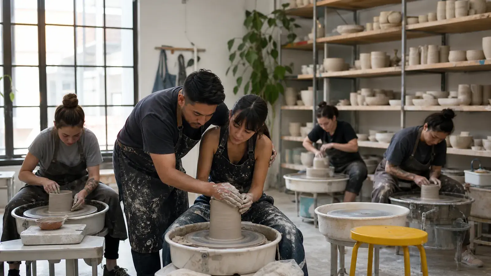 Pottery instructor steadying a student's work in a busy class, yellow stool at an empty wheel