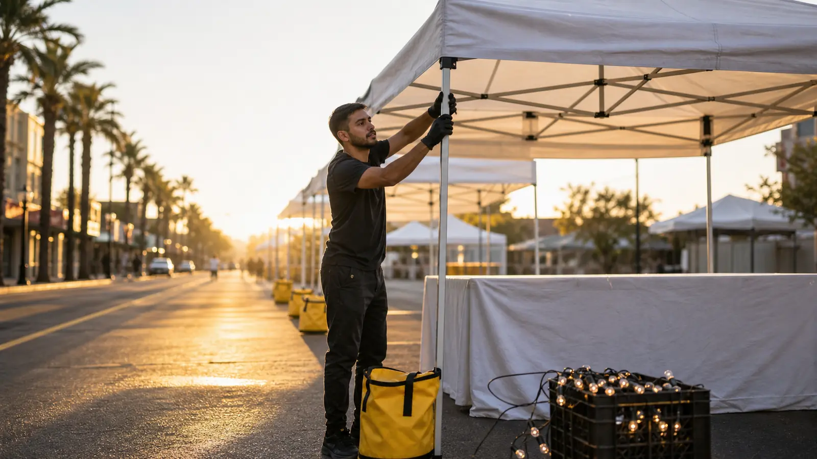 Vendor anchoring a canopy booth with yellow weight bags on a closed street at dawn